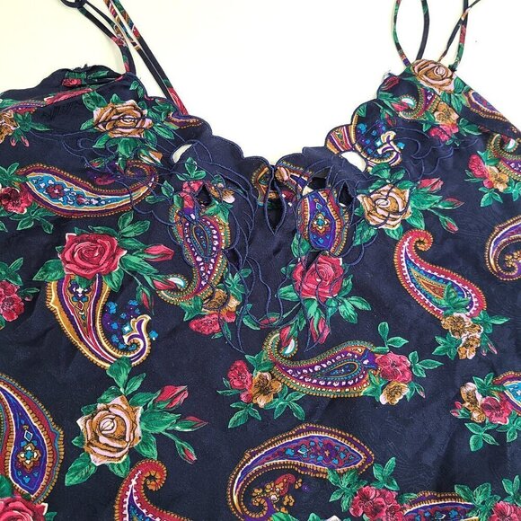 Vintage Victoria's Secret Gold Label Navy Blue Paisley Floral Crop Satin Top - Picture 2 of 7